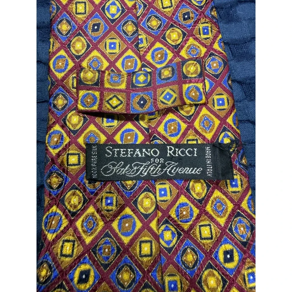 Stefano Ricci Fifth Avenue Tie 100% Italian Silk Gold Red Geometric